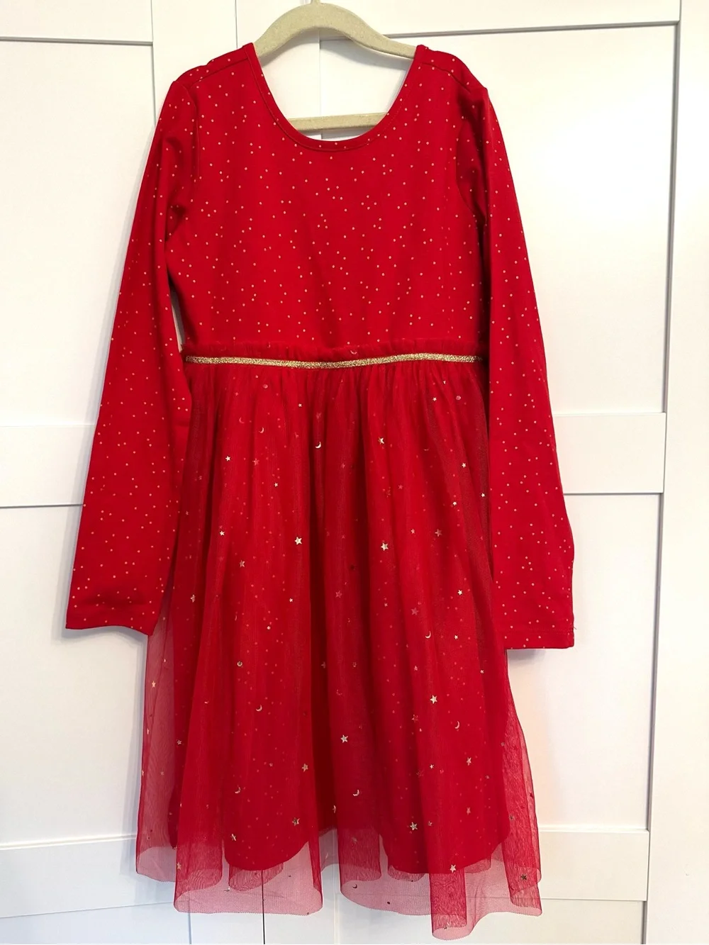 Hanna Andersson Red Long-Sleeve Tulle Party Dress with Gold Trim